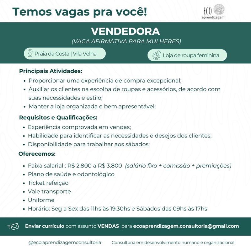 Vaga para Vendedora (Praia da Costa - Vila Velha/ES )