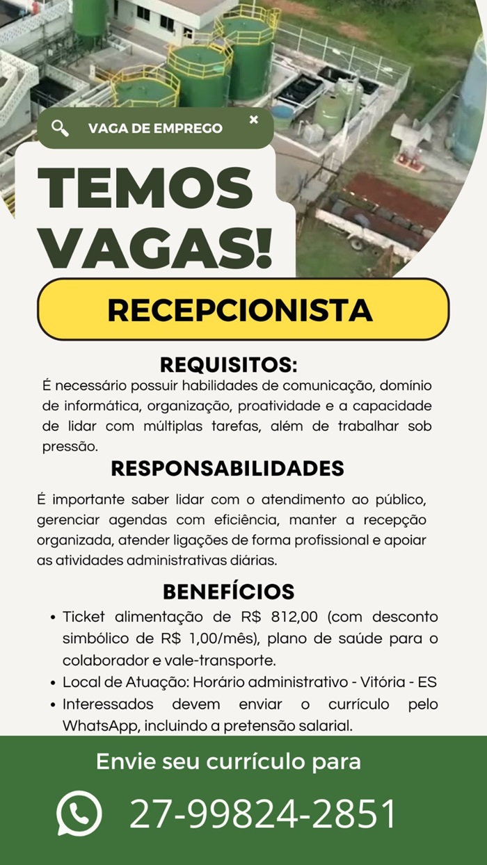 VITÓRIA AMBIENTAL CONTRATA RECEPCIONISTA