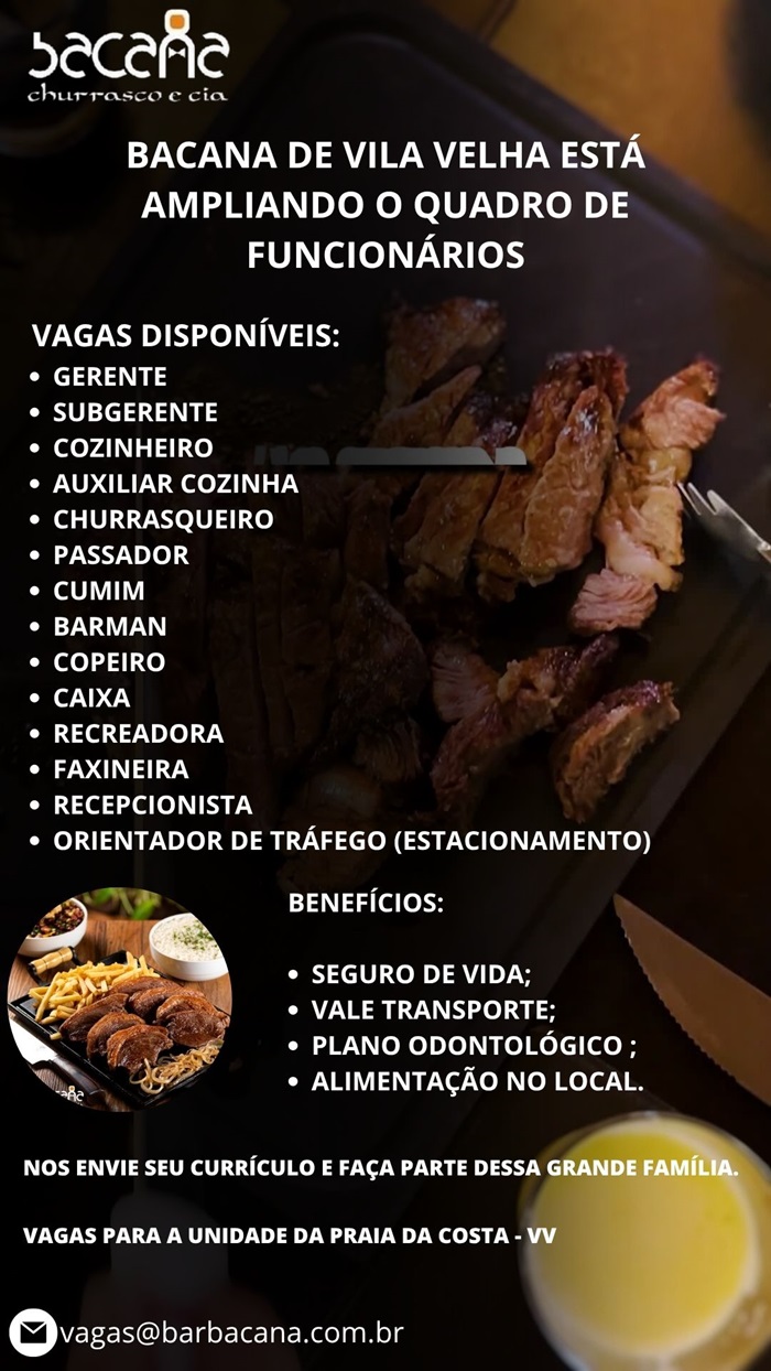 BACANA DE VILA VELHA ABRE VAGAS DE EMPREGO