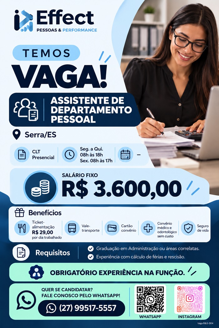 Vaga de Assistente de Departamento Pessoal