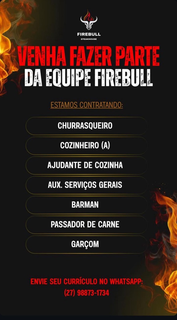 Firebull Steakhouse abre vagas de Emprego