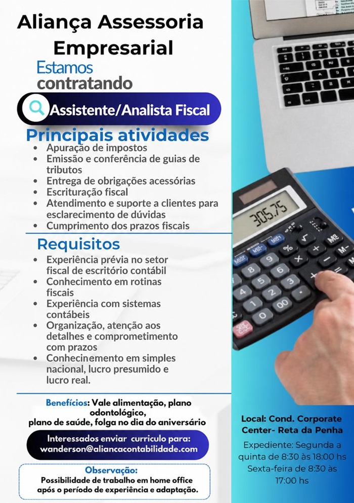 Vaga para Assistente/Analista Fiscal