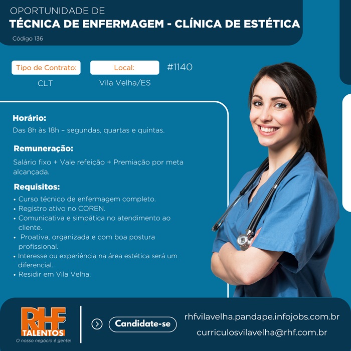 Vaga para Técnica de Enfermagem – Clínica de Estética 