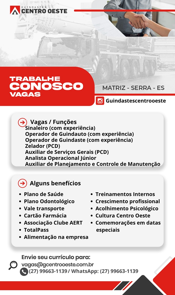 Guindastes Centro Oeste abre diversas vagas de emprego