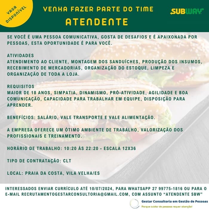 SUBWAY CONTRATA ATENDENTE