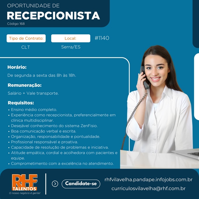Vaga para Recepcionista