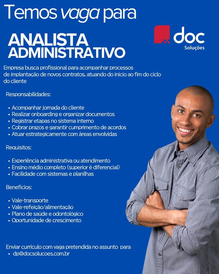 Doc Soluções contrata Analista Administrativo