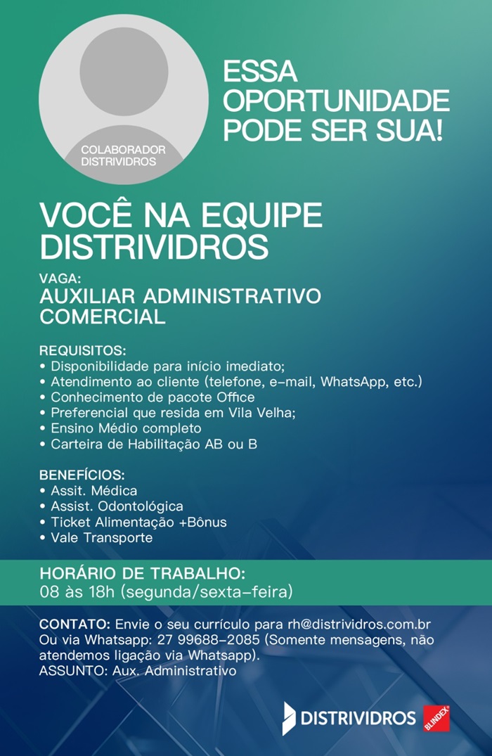 DISTRIVIDROS CONTRATA AUXILIAR ADMINISTRATIVO COMERCIAL
