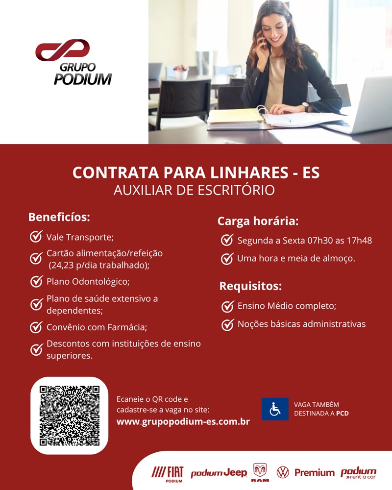 GRUPO PODIUM CONTRATA AUXILIAR DE ESCRITÓRIO (LINHARES)