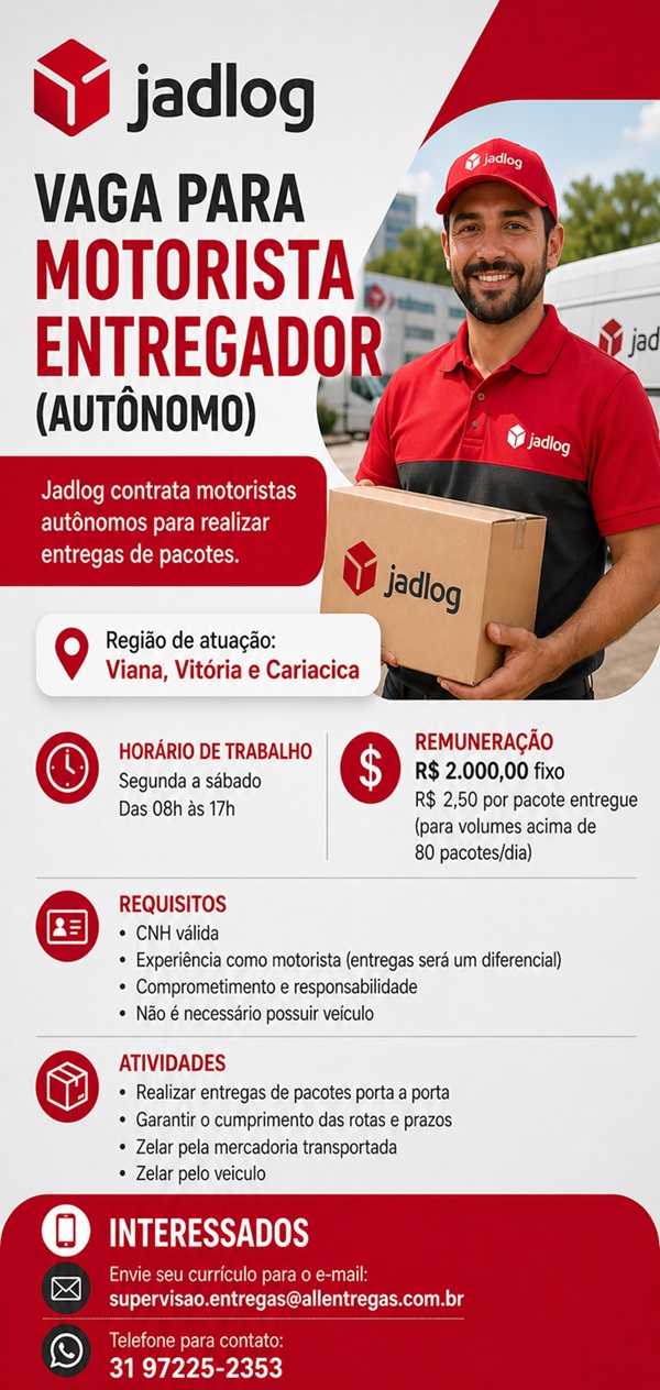 Jadlog abre vagas para Motorista Entregador (Autônomo)