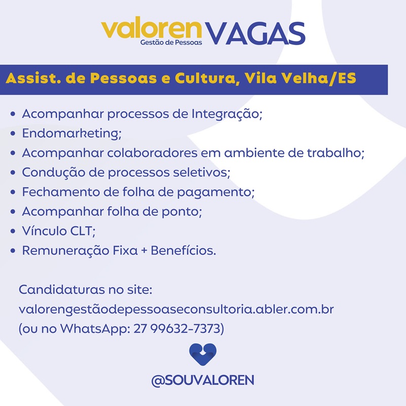 Vaga para Assistente de Pessoas e Cultura