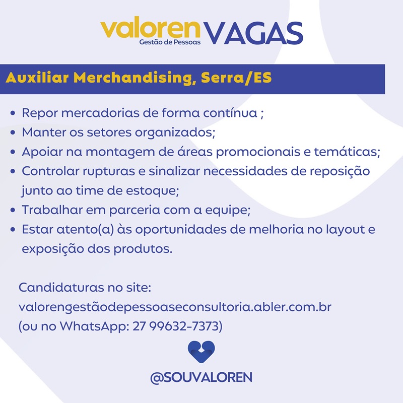 Vaga para Auxiliar de Merchandising
