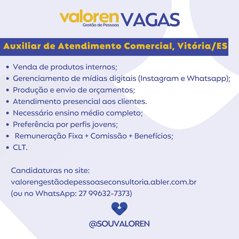 Vaga para Auxiliar de Atendimento Comercial