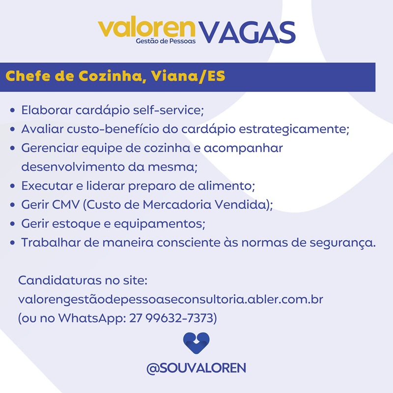 Vaga para Chefe de Cozinha