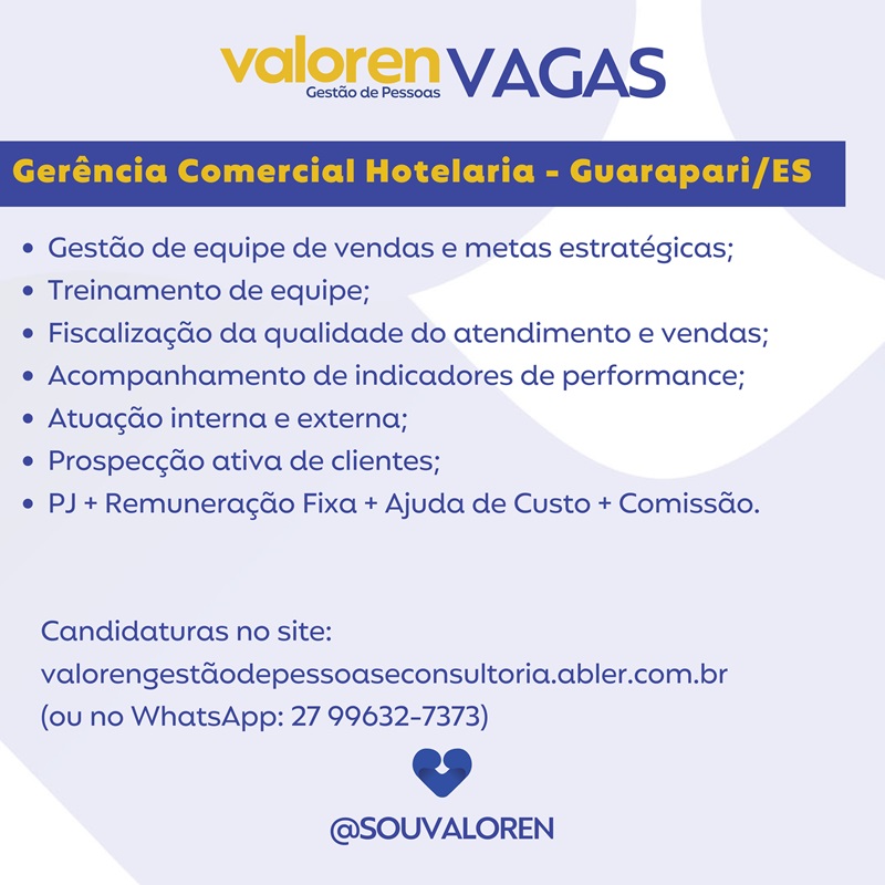 Vaga para Gerência Comercial Hotelaria