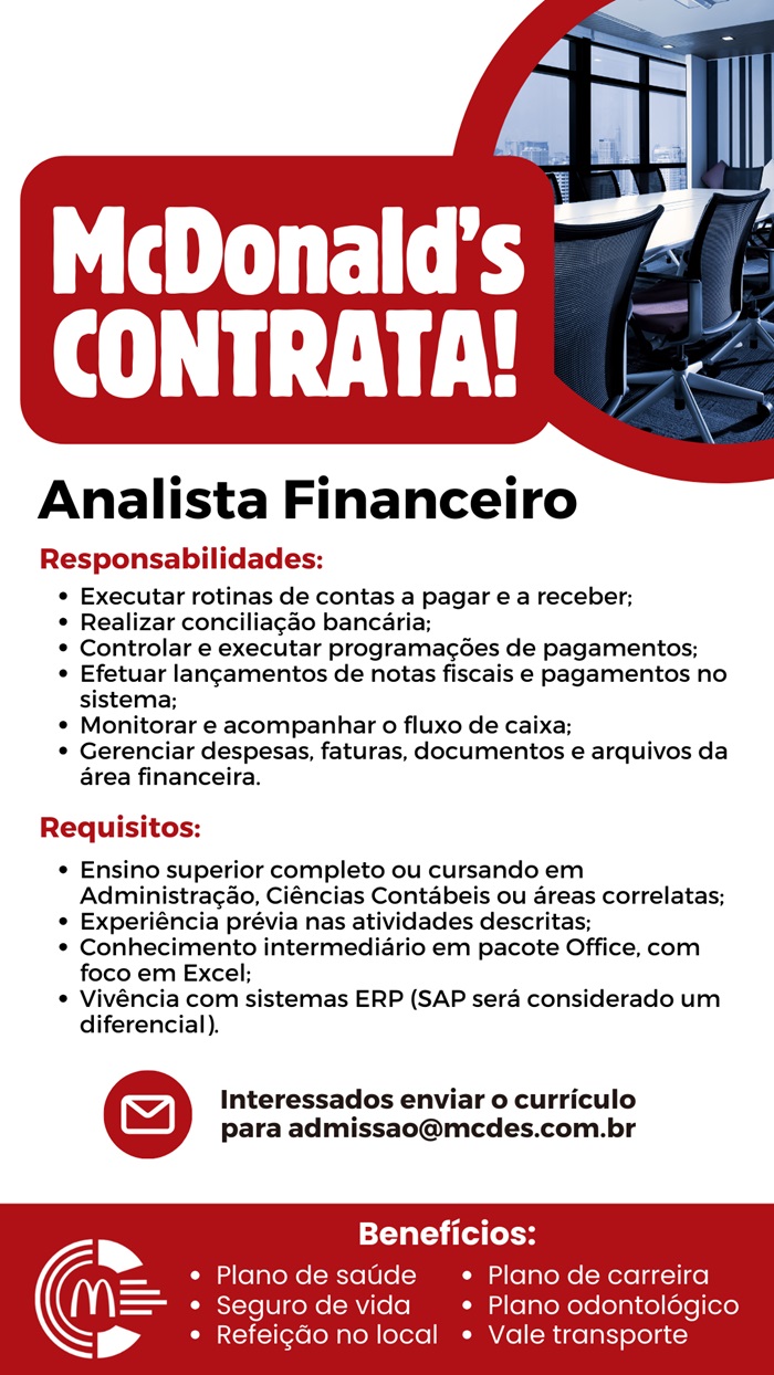MCDONALD'S CONTRATA ANALISTA FINANCEIRO
