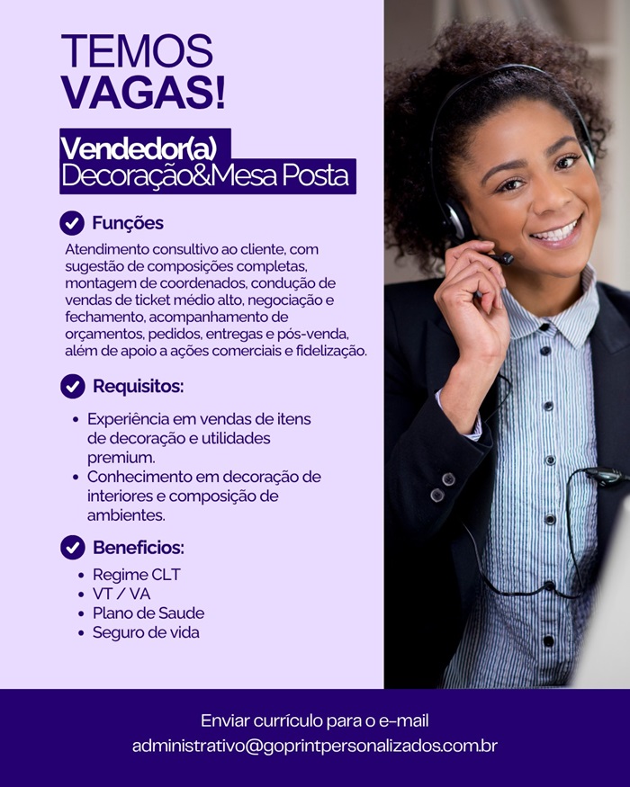VAGA DE VENDEDOR(A) DECORAÇÃO & MESA POSTA