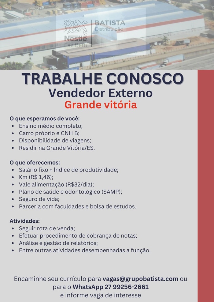 Grupo Batista contrata Vendedor Externo