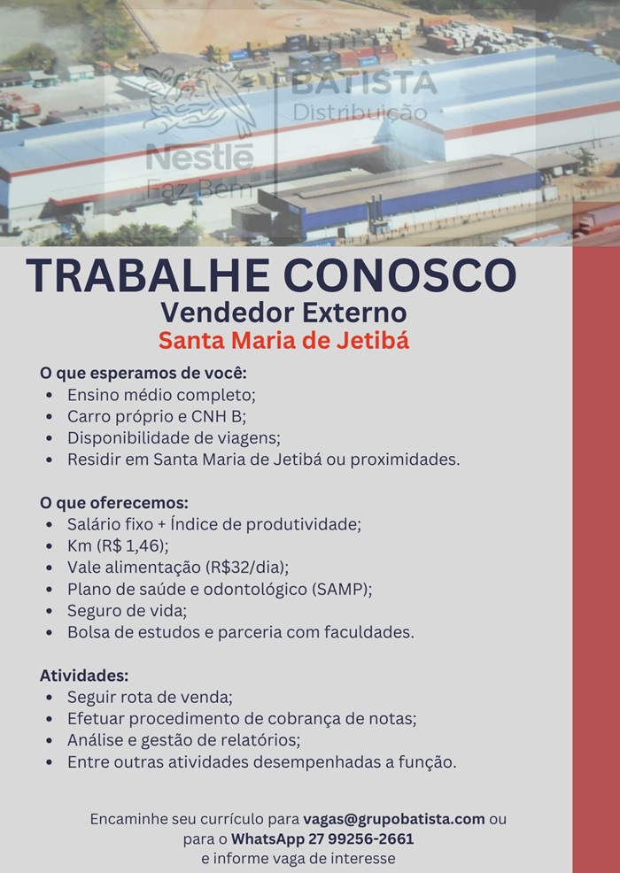 Grupo Batista contrata Vendedor Externo - Santa Maria de Jetibá