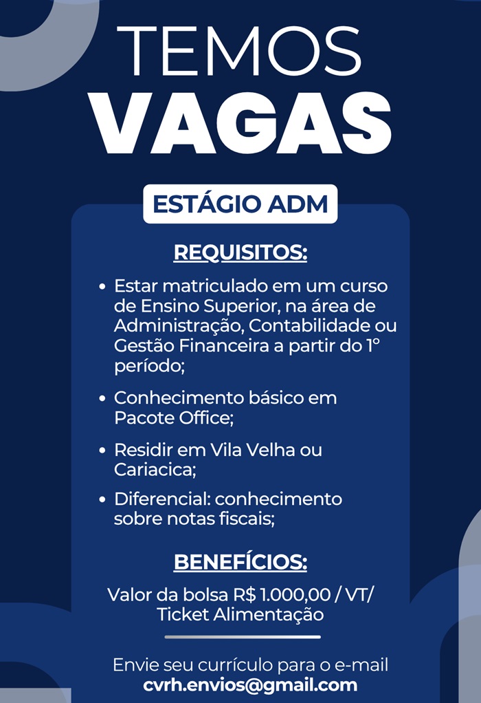 VAGA PARA ESTAGIÁRIO ADMINISTRATIVO