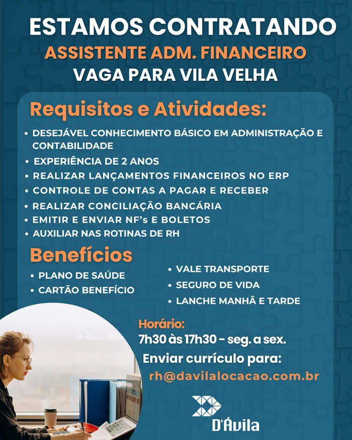 Vaga para Auxiliar Administrativo / Financeiro