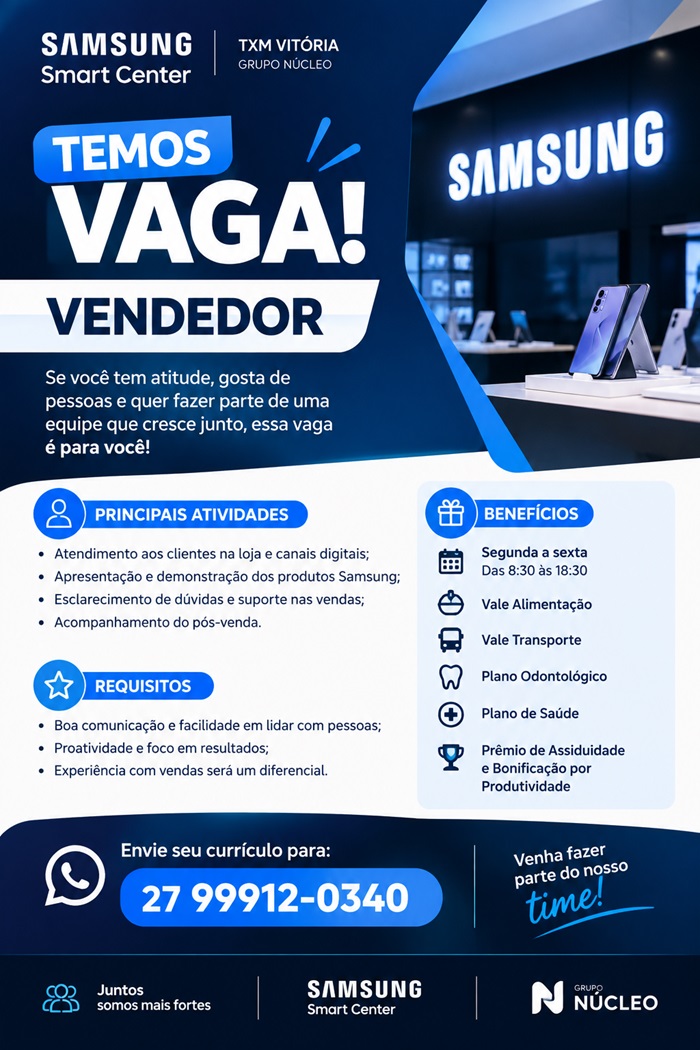 Samsung Smart Center contrata Vendedor