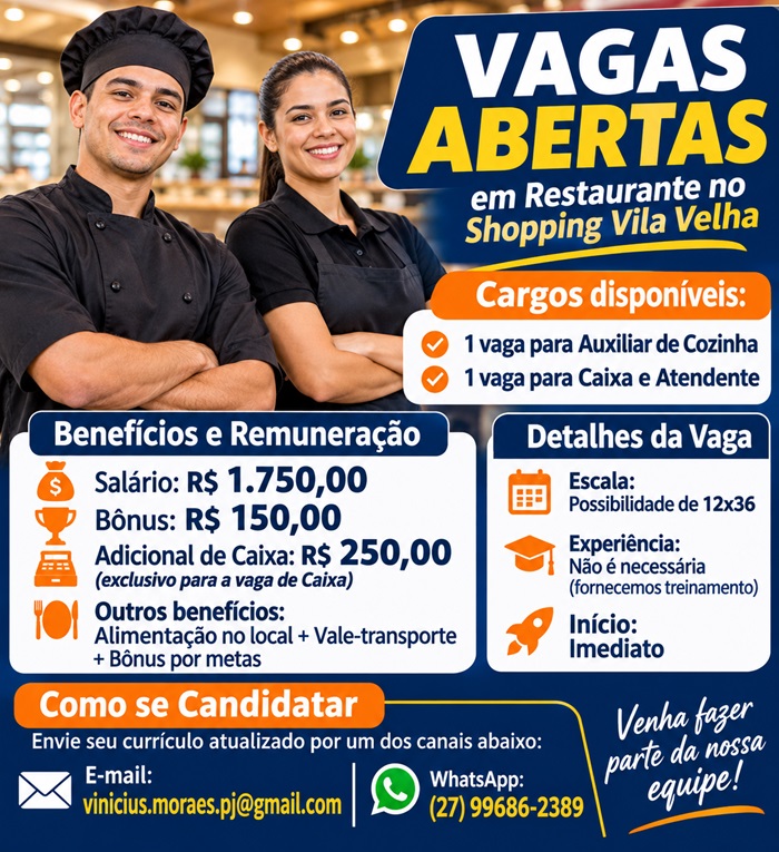 Vagantes abertas em Restaurante no Shopping Vila Velha
