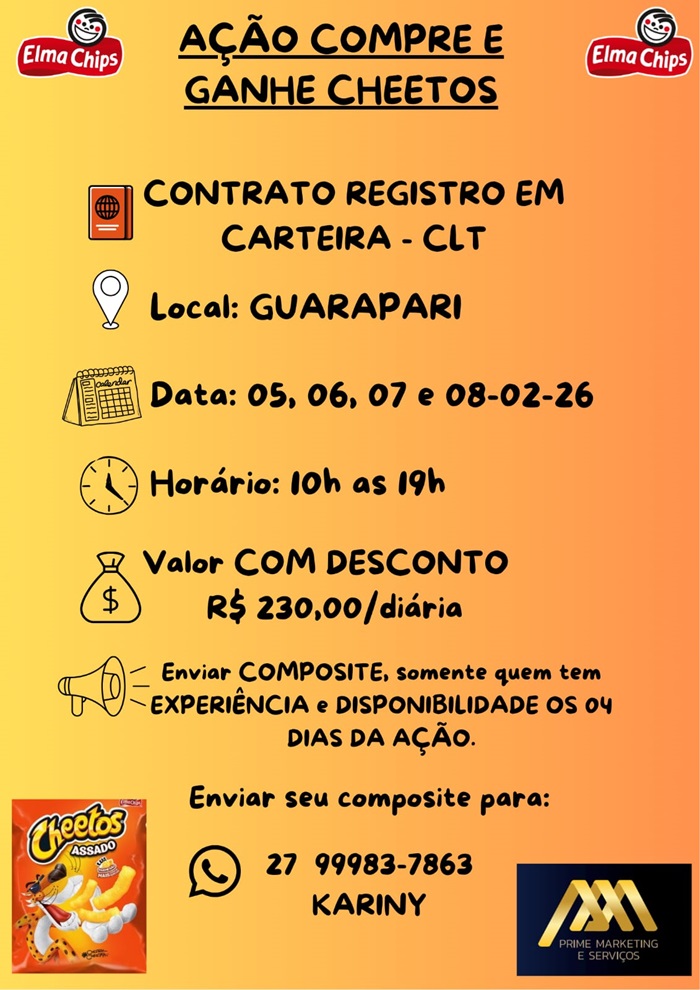 Vaga para Promotor de Vendas - Ação "Compre e Ganhe Cheetos"