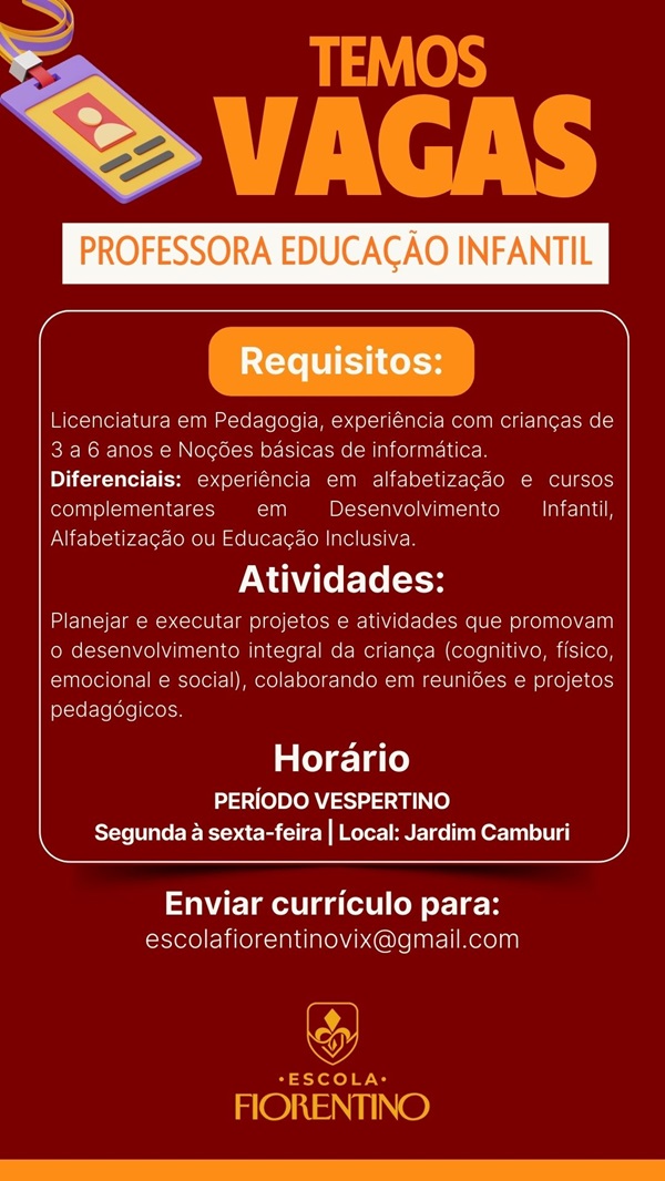 Vaga para Professora de Educação Infantil