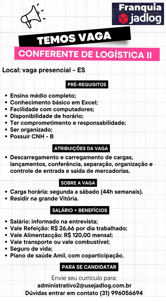 JADLOG CONTRATA CONFERENTE DE LOGISTICA
