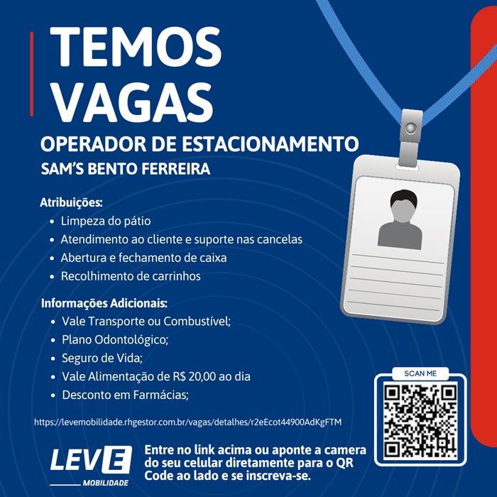 Leve Mobilidade contrata Operador de Estacionamento
