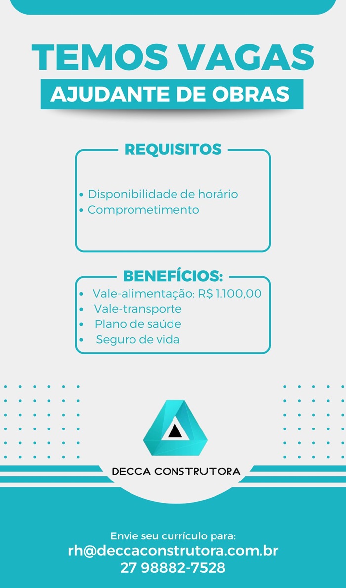 Decca Construtora contrata Ajudante de Obras