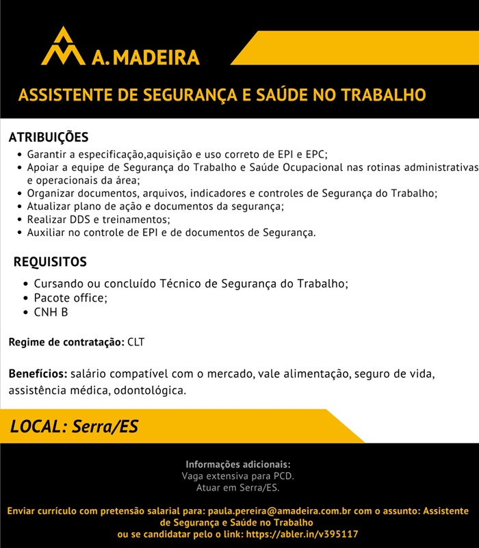 A. Madeira contrata Assistente de Segurança e Saúde no Trabalho