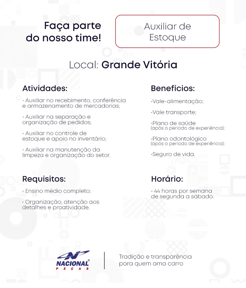 Nacional Peças contrata Auxiliar de Estoque