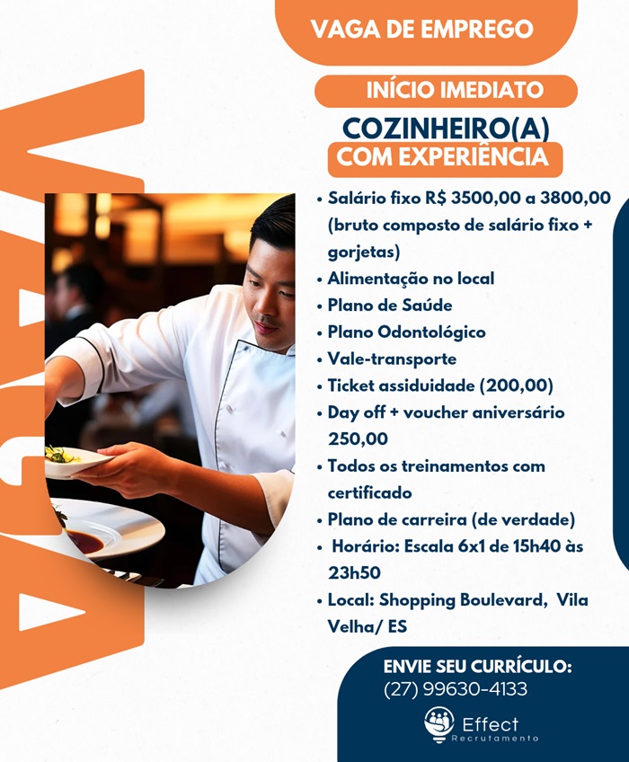 VAGA DE COZINHEIRO(A) COM EXPERIÊNCIA
