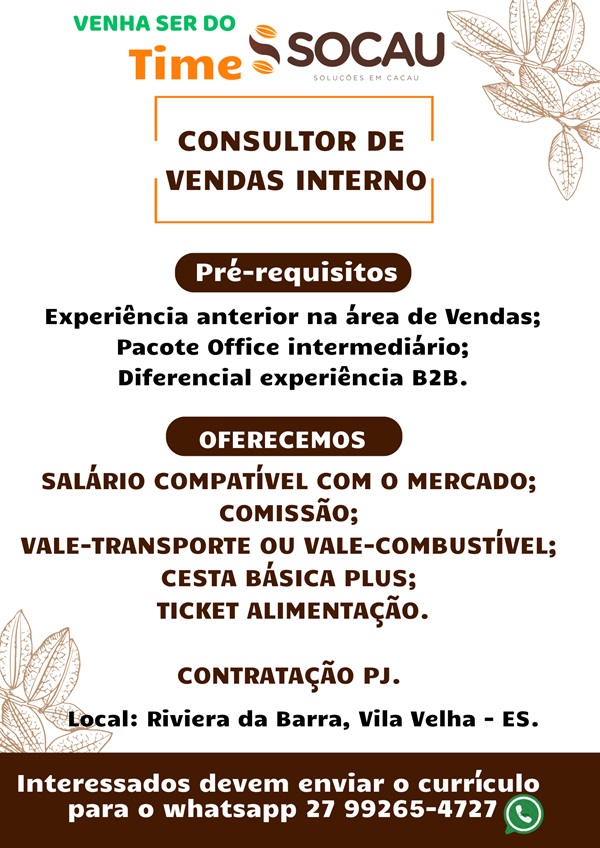 SOCAU contrata Consultor de Vendas Interno