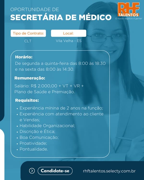 Vaga para Secretária de Médico