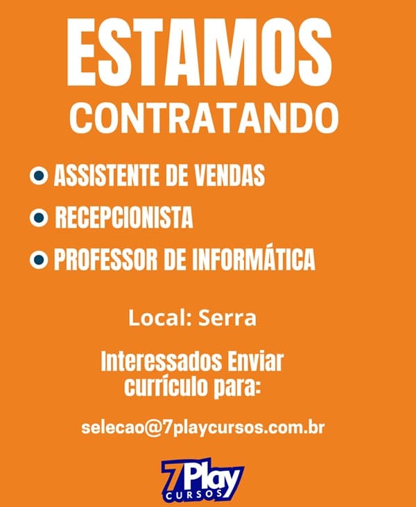 7PlayCursos contrata Assistente de Vendas, Recepcionista e  Cargo: Assistente de vendas, Recepcionista,