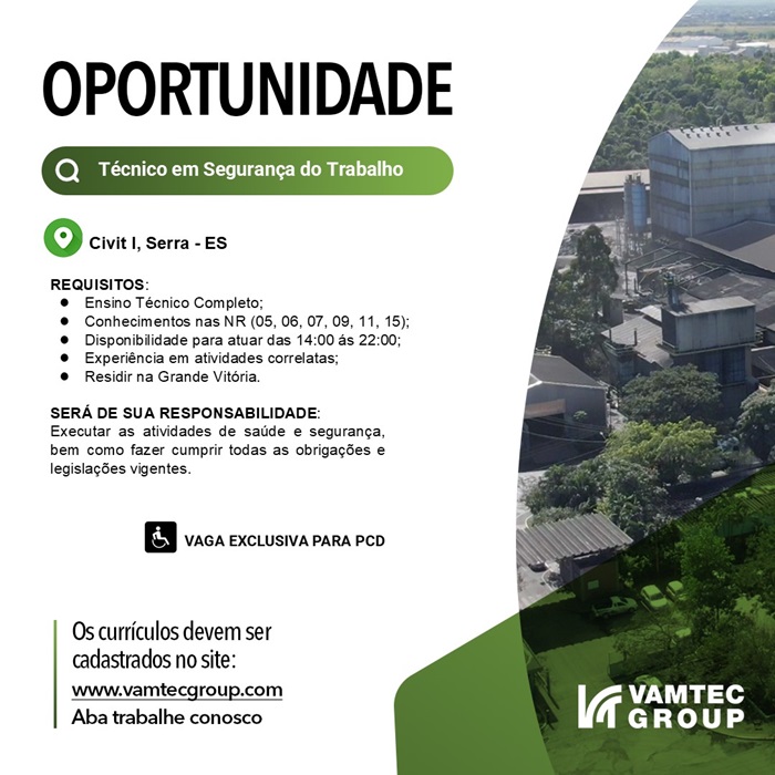 Vamtec Group contrata Técnico em Segurança do Trabalho PCD