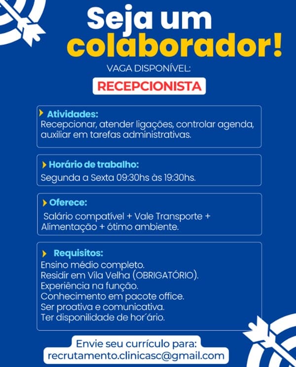 VAGA DE RECEPCIONISTA 