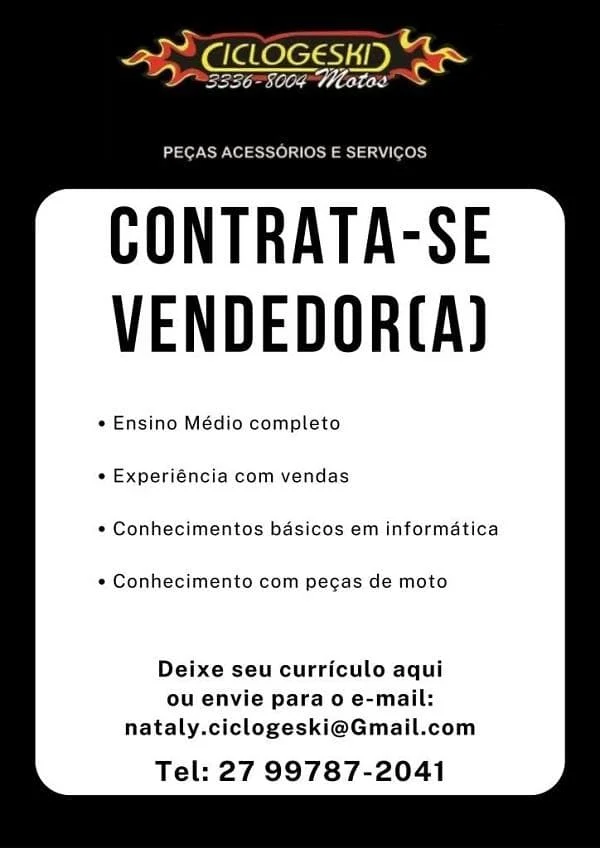 Comercial Ciclogeski contrata Vendedor(a)