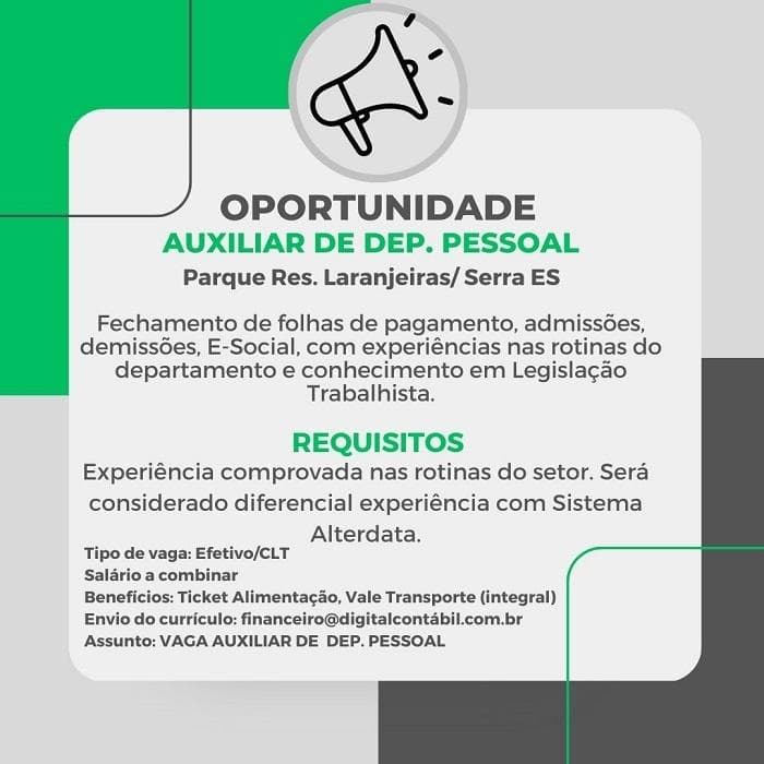 AUXILIAR DE DEPARTAMENTO PESSOAL