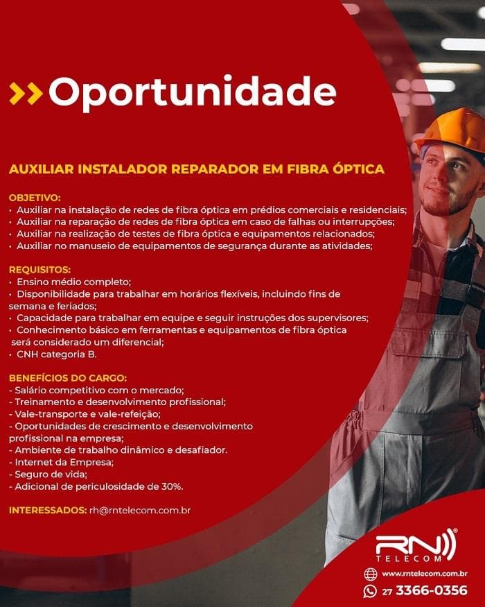 AUXILIAR INSTALADOR REPARADOR FIBRA ÓPTICA