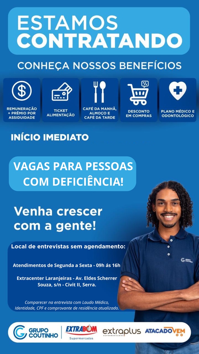 GRUPO COUTINHO ABRE VAGAS PARA PESSOAS COM DEFICIÊNCIA