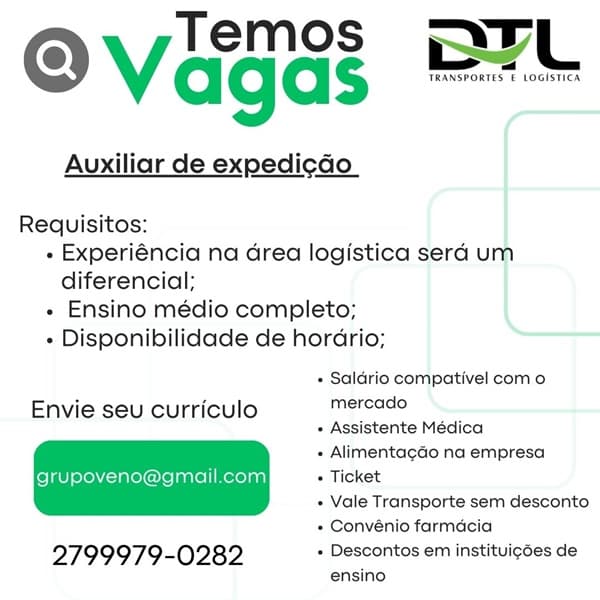 VAGAS PARA AUXILIAR DE EXPEDIÇÃO