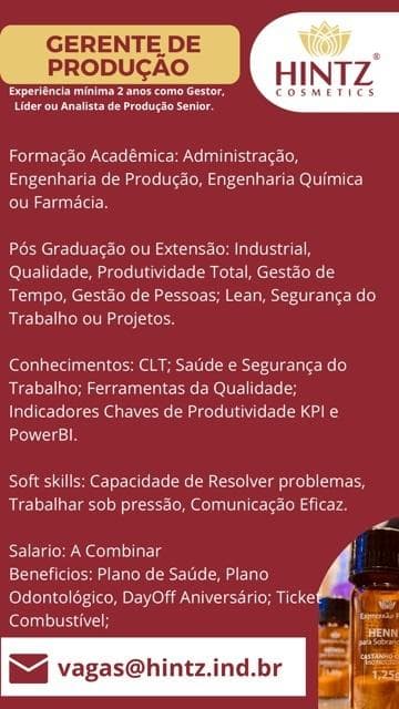 HINTZ contrata Gerente de Produção