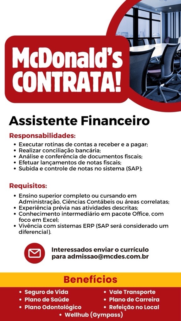 McDonald's contrata Assistente Financeiro