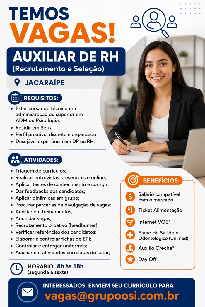 AUXILIAR DE RH (Recrutamento e Seleção) | JACARAÍPE