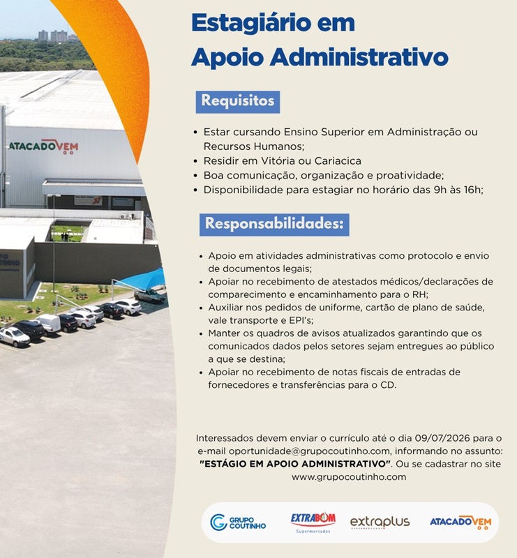 Grupo Coutinho abre vagas de Estágio Administrativo para a região de Vitória, Vila Velha e Serra