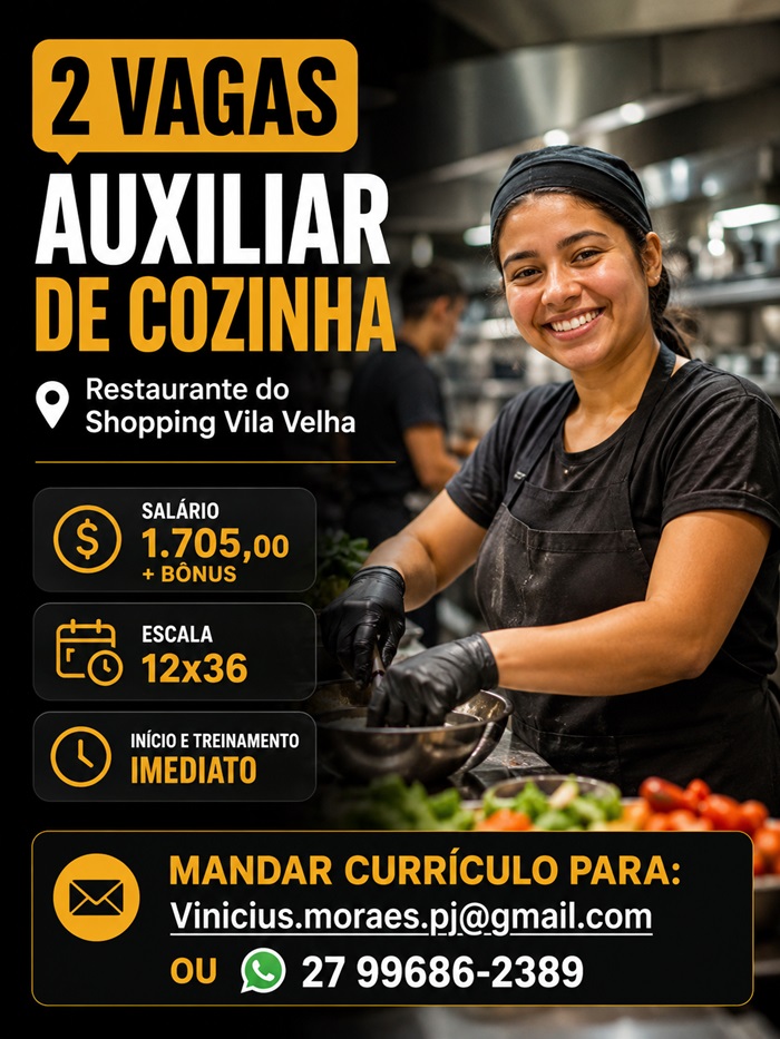 2 Vagas para Auxiliar de Cozinha